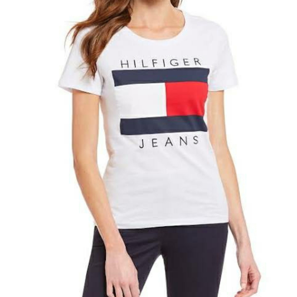 Tommy Hilfiger White Cotton Oversized Relaxed Fit Logo T-Shirt EUC sz S